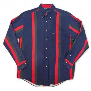 Nautica Shirt Mens M Red Green Blue Striped Button Down Long Sleeve Vintage 90s